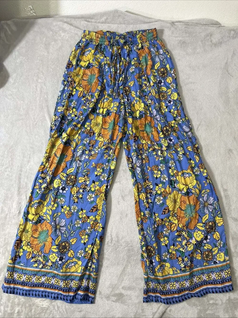 Angie Women’s Floral Wide Leg Rayon Palazzo Pants Blue Boho Size M